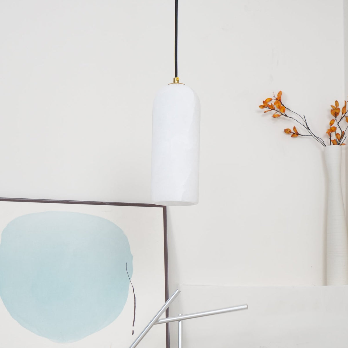 Alabaster Stone Hanging Lamp 10 in Tall White Shade Brass Accent Minimal Pendant for Islands Dining Tables Bedrooms Entryways