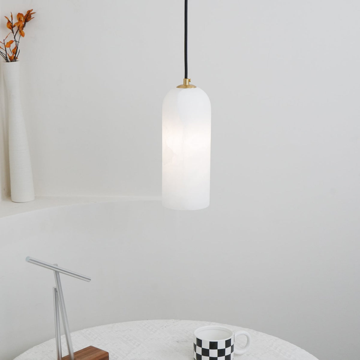 Alabaster Stone Hanging Lamp 10 in Tall White Shade Brass Accent Minimal Pendant for Islands Dining Tables Bedrooms Entryways