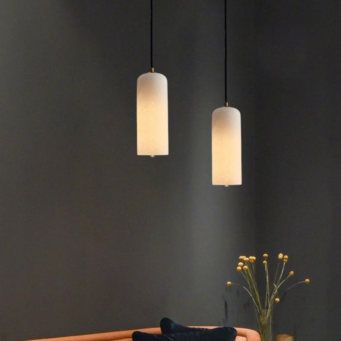 Alabaster Stone Hanging Lamp 10 in Tall White Shade Brass Accent Minimal Pendant for Islands Dining Tables Bedrooms Entryways