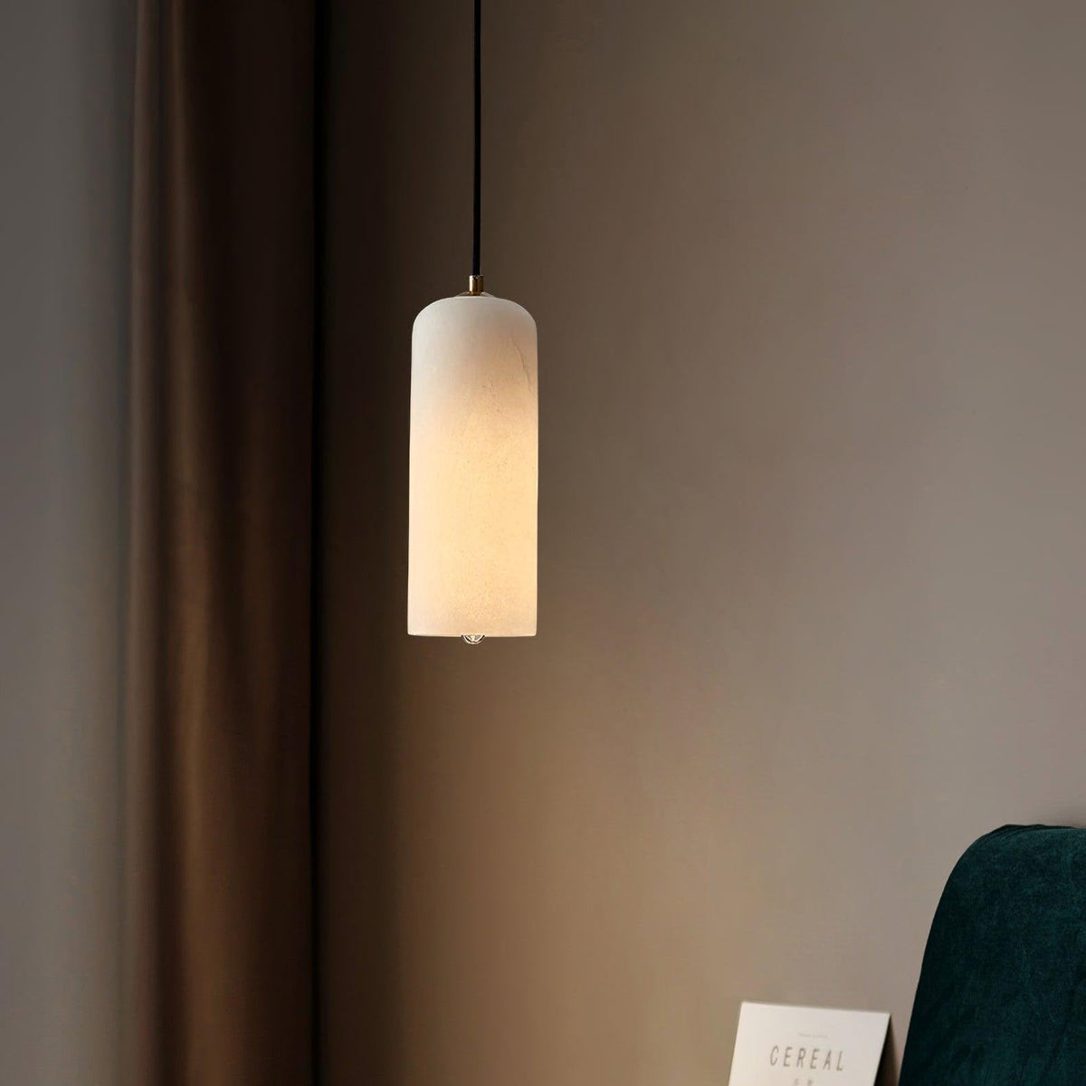 Alabaster Stone Hanging Lamp 10 in Tall White Shade Brass Accent Minimal Pendant for Islands Dining Tables Bedrooms Entryways