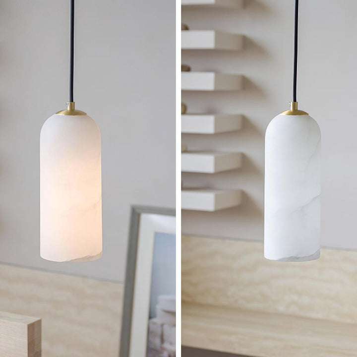 Alabaster Stone Hanging Lamp 10 in Tall White Shade Brass Accent Minimal Pendant for Islands Dining Tables Bedrooms Entryways