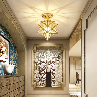 Geometric Star Pendant Light Fixture with Multi-Faceted Glass Panels for Hallway Entry Living Room Indoor Overhead Lighting