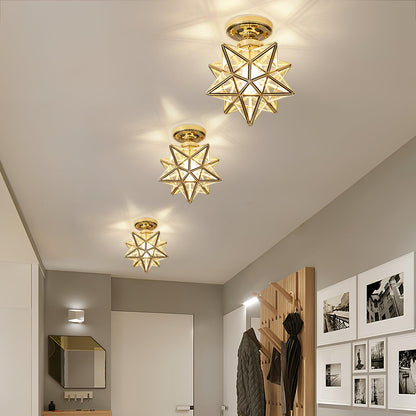 Geometric Star Pendant Light Fixture with Multi-Faceted Glass Panels for Hallway Entry Living Room Indoor Overhead Lighting