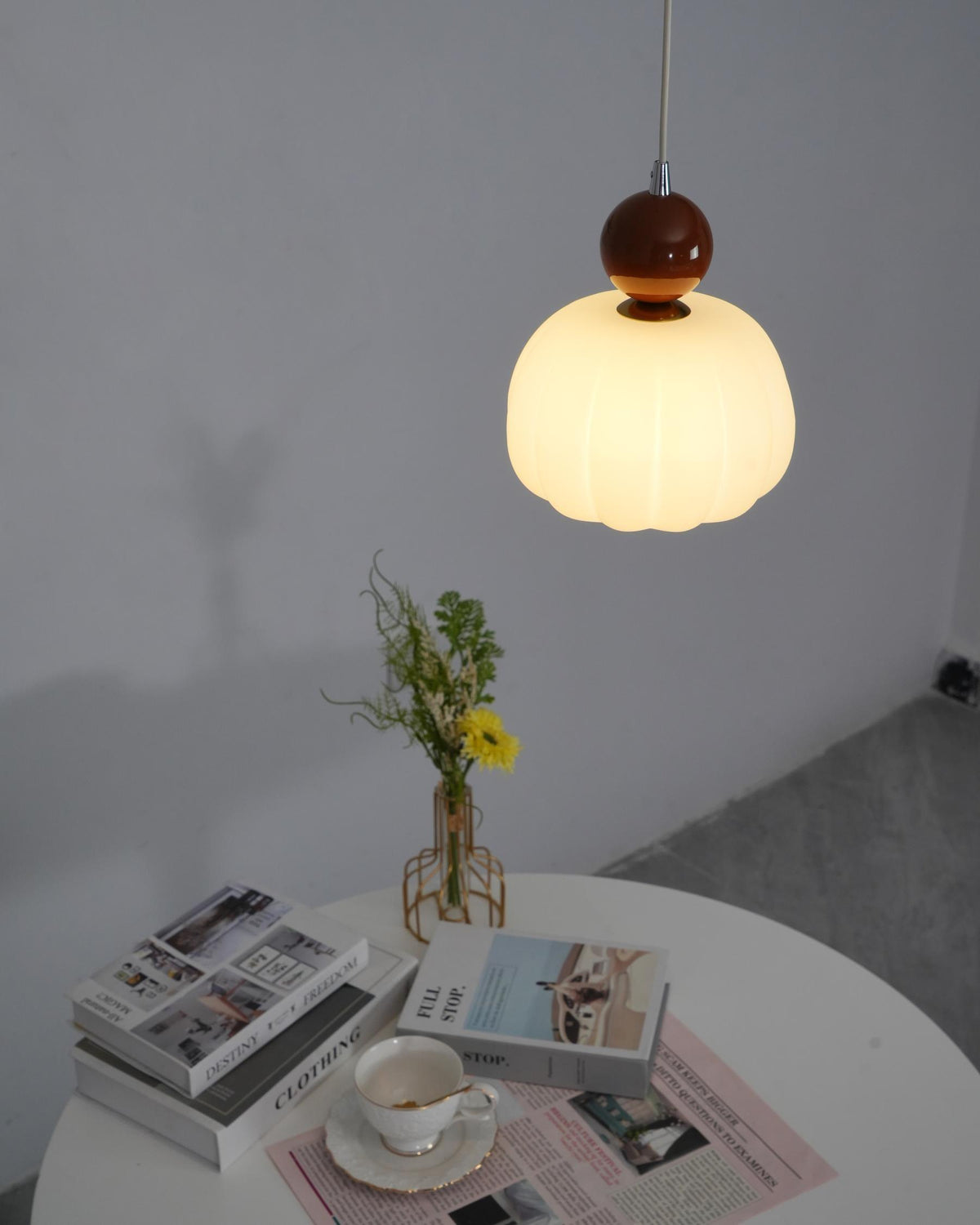 Sculptural Mini Pendant Light with Rounded Acrylic Shade for Dining Rooms, Bedrooms & Kitchen Nooks – 5.5-Inch White Globe Fixture, Adjustab