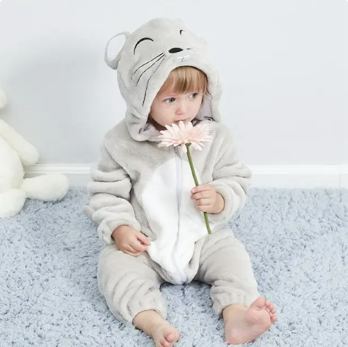 Costume une-pièce doux pour bébé en forme d’animal avec capuche – Tenue en polaire à fermeture éclair intégrale pour nourrissons et tout-petits – Maison, sorties et séances photo