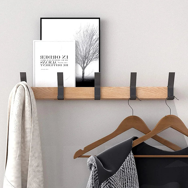 Wall-Mounted Coat Rack with 5 Adjustable Double Hooks - Rubberwood & Aluminum Entryway Organizer for Jackets, Hats, Bags - Space-Saving