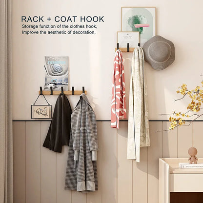 Wall-Mounted Coat Rack with Swivel Hooks - Rubberwood & Aluminum Entryway Organizer, 5-Hook Scandinavian Style Hanging Rail for Coats