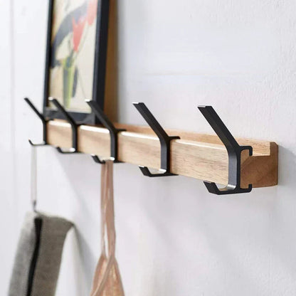 Wall-Mounted Coat Rack with 5 Adjustable Double Hooks - Rubberwood & Aluminum Entryway Organizer for Jackets, Hats, Bags - Space-Saving