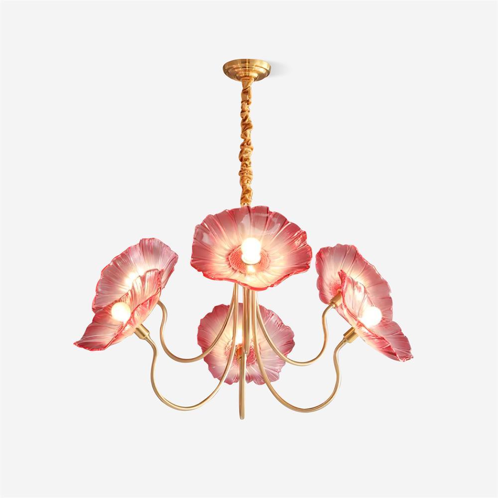 Frosted Glass Floral Pendant Light 35 in Multi-Arm Hanging Fixture Clear Pink Gold Overhead Illumination Dining Living Foyer Entry Modern In