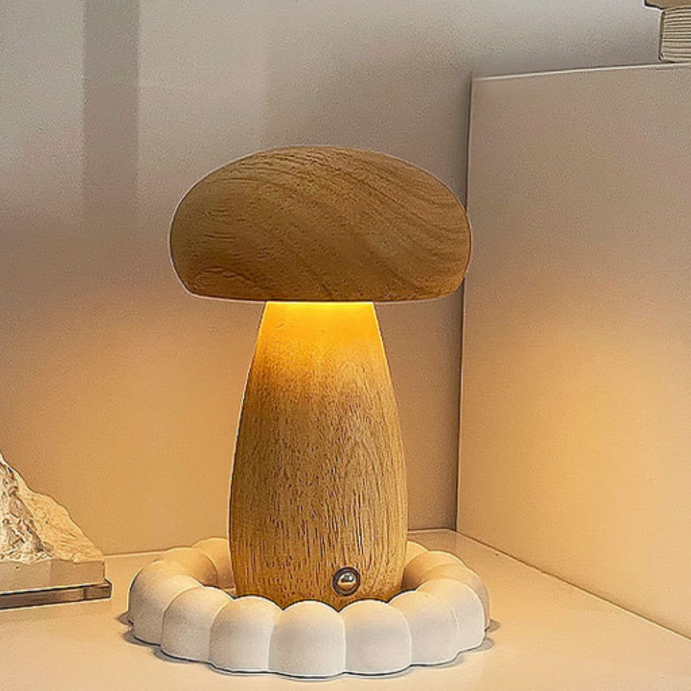 Mushroom Table Lamp - Wooden, USB-C Rechargeable LED Lights