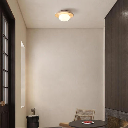 Compact Flush Mount Light Fixture with Natural Stone and Wood 10 in Round for Entryway Bedroom Low Profile Wall or Ceiling Installation