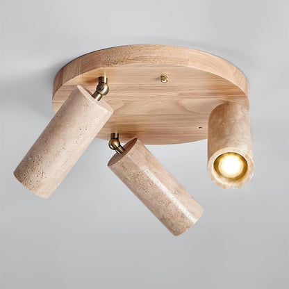 Three-Head Track Light Wood Travertine Adjustable Spotlight Bar Directional Task Lighting Kitchen Island Hallway Counter Modern Stone Cylind
