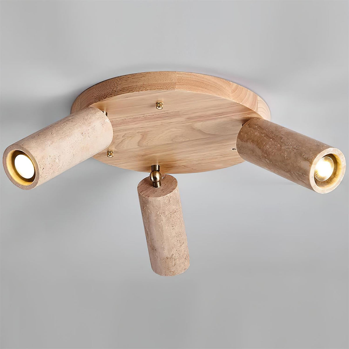 Triple-Head Swivel Spotlight with Natural Stone Cylinders & Wood Base – Directional Accent Light for Kitchens, Entryways & Living Areas