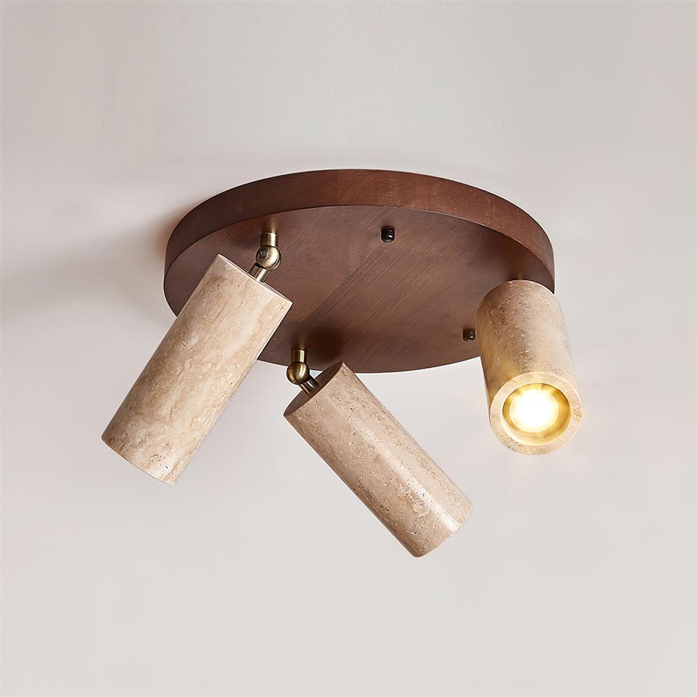 Three-Head Track Light Wood Travertine Adjustable Spotlight Bar Directional Task Lighting Kitchen Island Hallway Counter Modern Stone Cylind