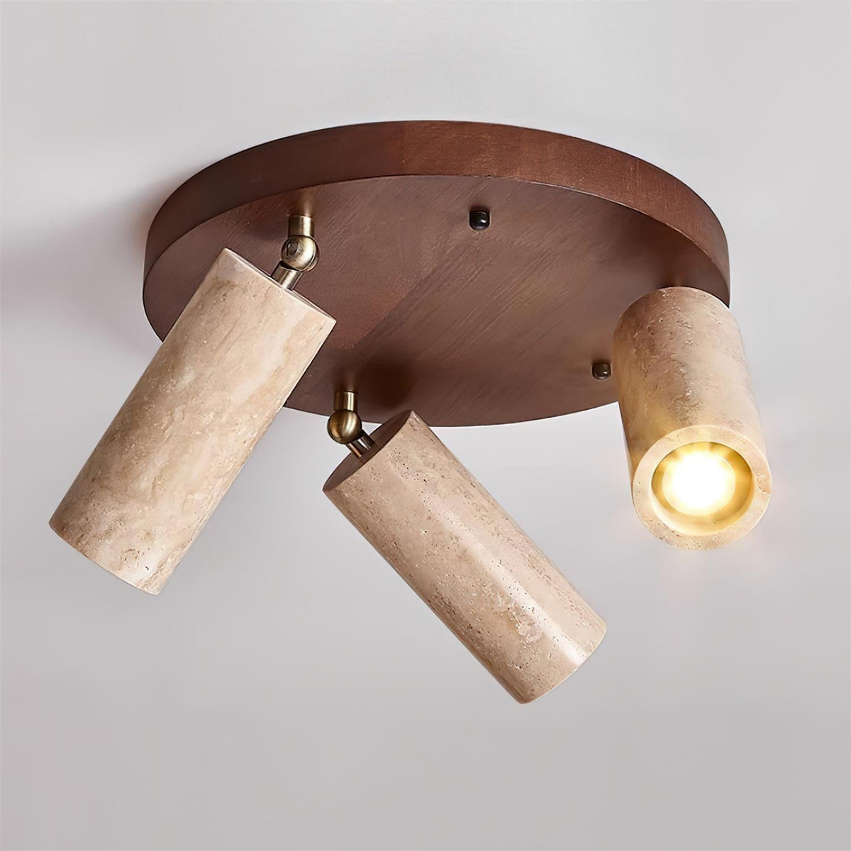 Triple-Head Swivel Spotlight with Natural Stone Cylinders & Wood Base – Directional Accent Light for Kitchens, Entryways & Living Areas