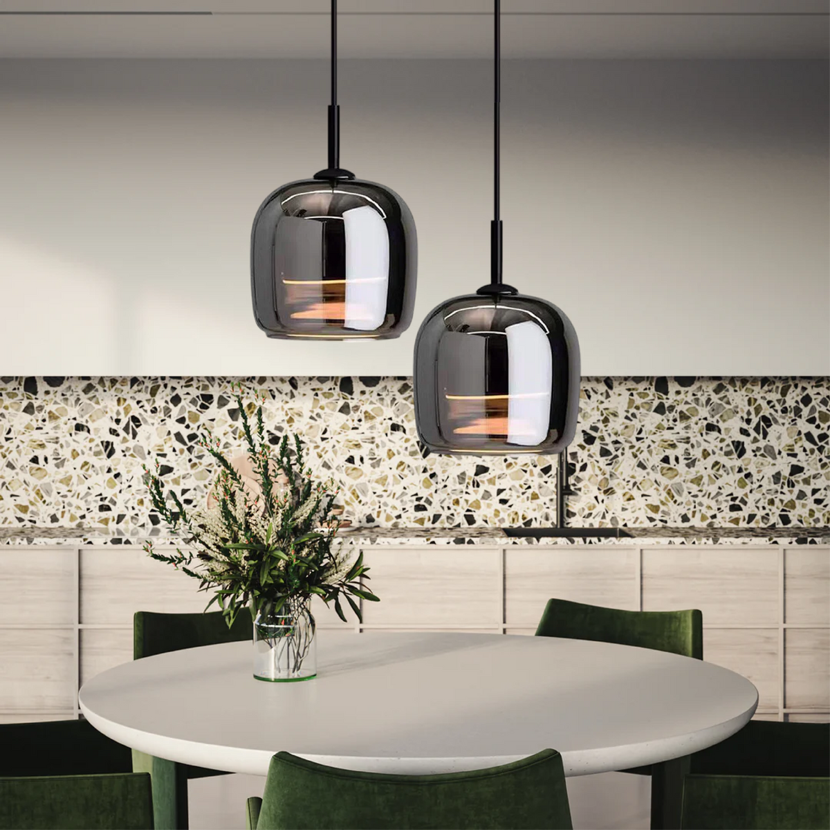 Smoky Glass Drop Ceiling Light E27 Socket Black Finish Adjustable Cord for Kitchen Island Bedroom Dining Room Scandinavian Minimal Style Hom