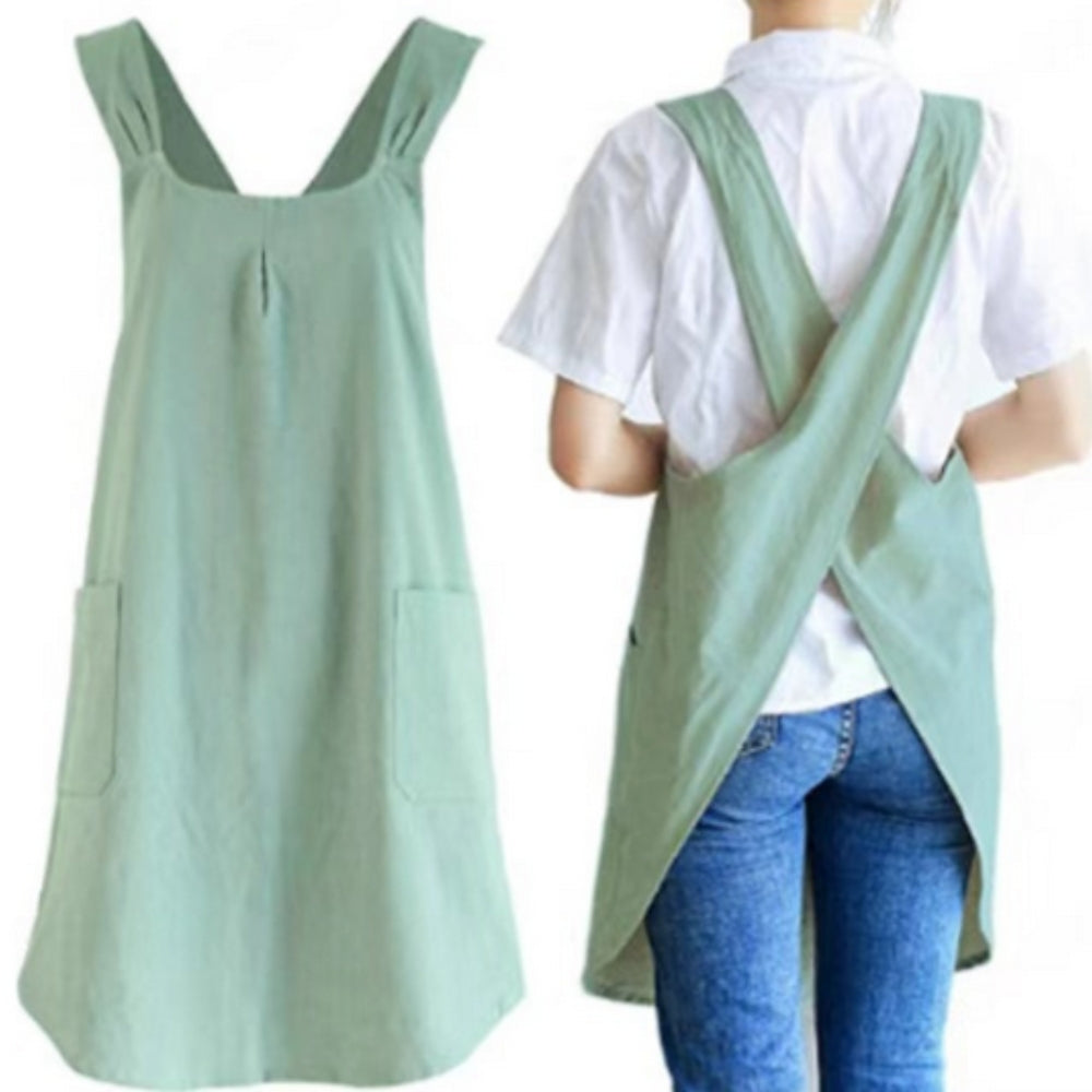 Cross-Back Cotton Apron Dress with Pockets for Kitchen, Baking & Gardening | Relaxed Fit Smock for Women | Machine Washable Crafting Coverup