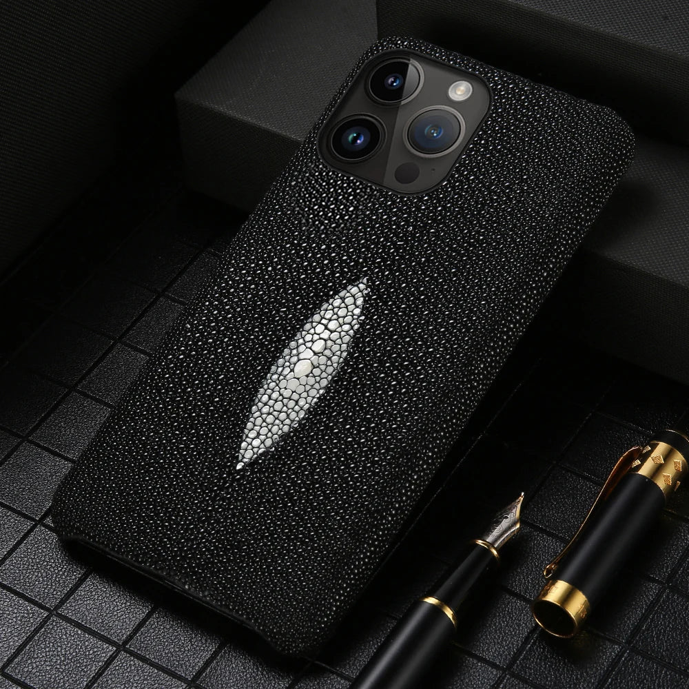 Authentic Stingray Skin Phone Case for iPhone 17 Pro Max 16 15 14 13 12 11 Shock Absorbent Premium Leather Cover Anti-Fingerprint