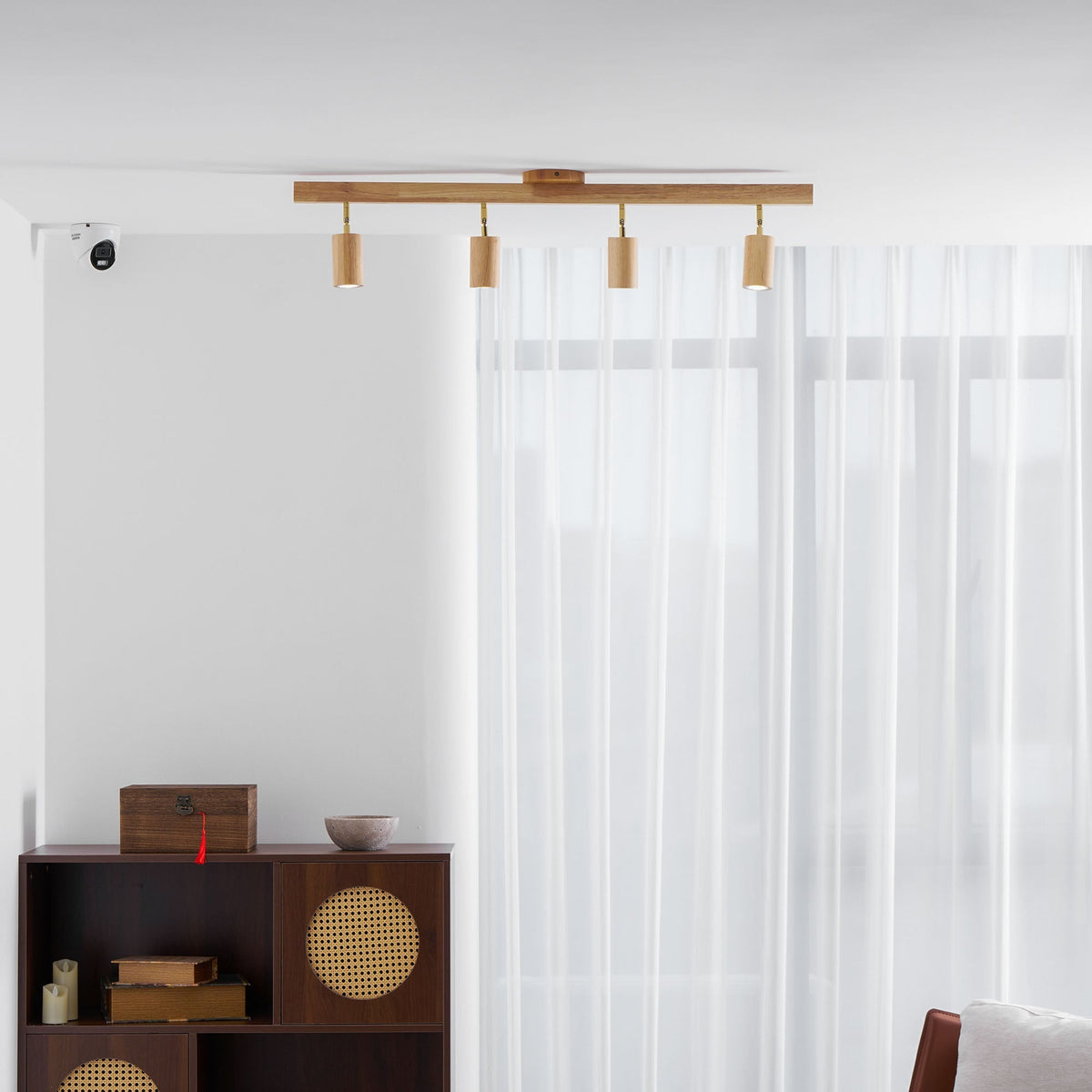 Multi-Head Track Spotlight with Wooden Shades for Kitchen, Dining Room & Living Room | Adjustable LED Rail Fixture | Rustic Farmhouse Ceilin