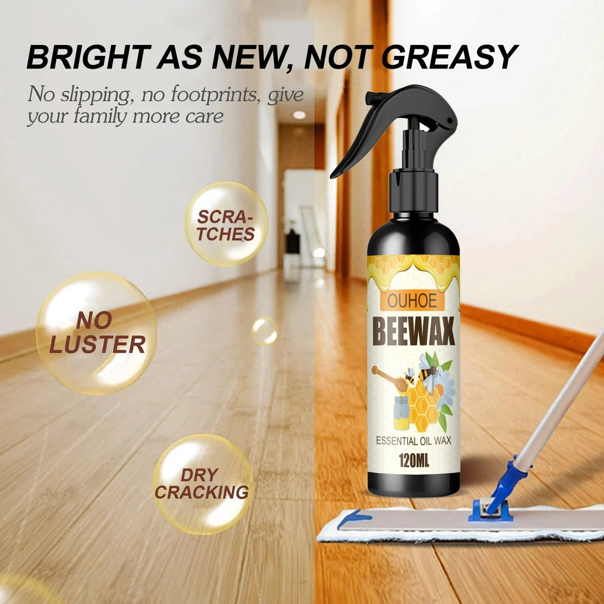 Spray lustrant pour meubles à la cire d'abeille, polish pour bois non toxique pour armoires, nettoyant pour meubles, cire à bois pour surfaces traitées