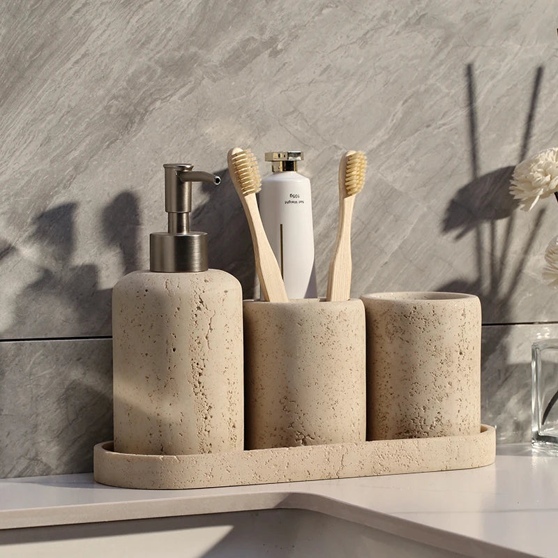 Natural Travertine Stone Bathroom Accessories Set – Elegant Beige Finish