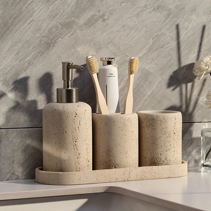 Natural Travertine Stone Bathroom Accessories Set – Elegant Beige Finish