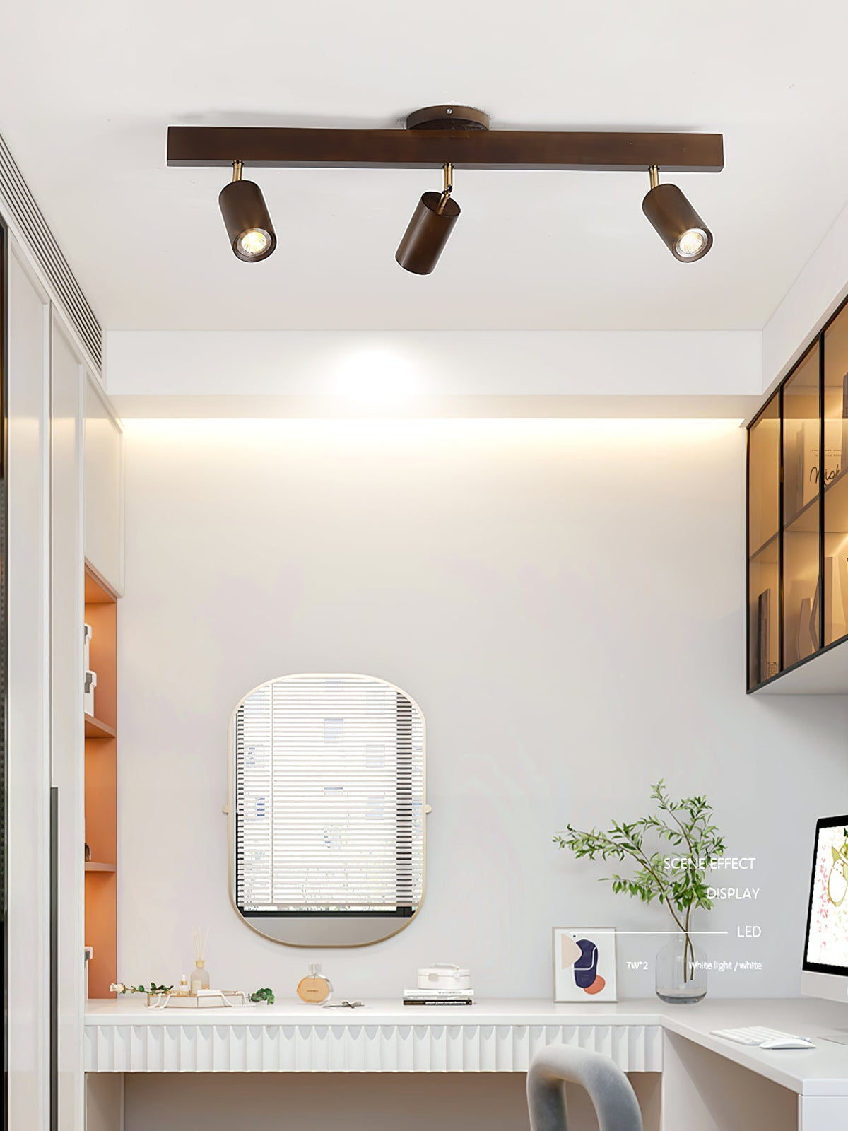 Multi-Head Track Spotlight with Wooden Shades for Kitchen, Dining Room & Living Room | Adjustable LED Rail Fixture | Rustic Farmhouse Ceilin