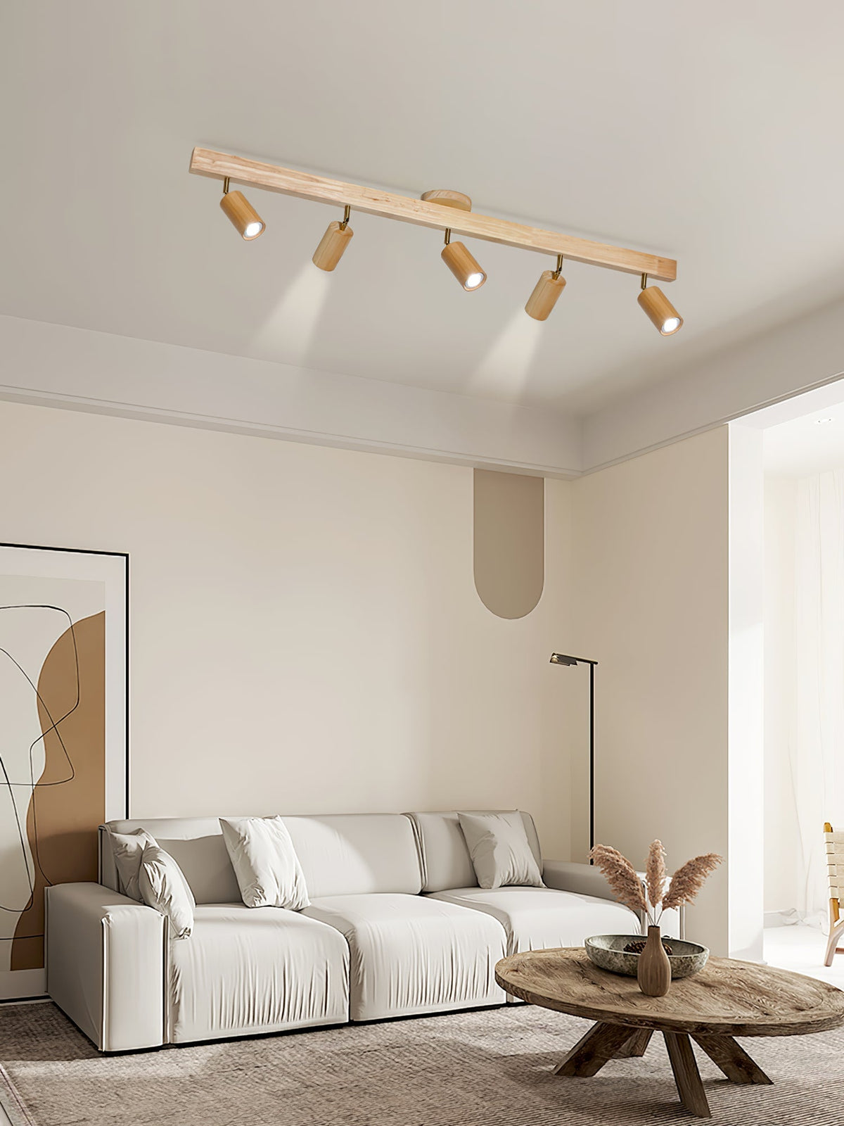 Multi-Head Track Spotlight with Wooden Shades for Kitchen, Dining Room & Living Room | Adjustable LED Rail Fixture | Rustic Farmhouse Ceilin