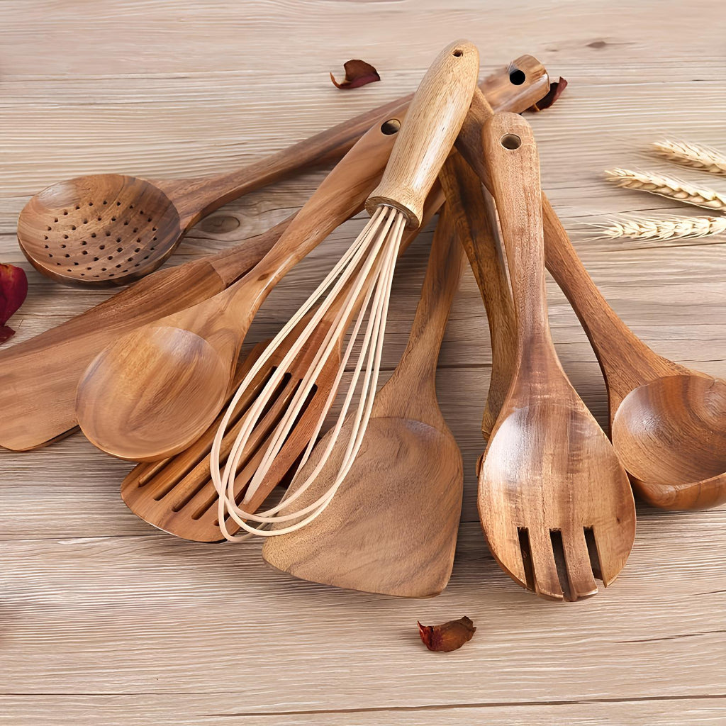 Natural Wood Kitchen Utensil Set with Countertop Holder | Complete Cooking Tools for Organized Meal Prep