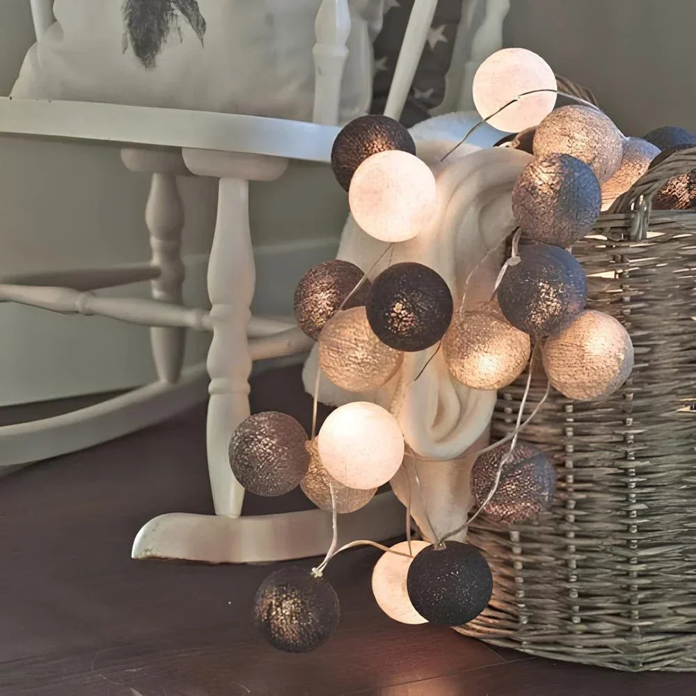 Cotton Ball String Lights with Soft Woven Globes for Bedroom, Living Room & Party Decor – USB or Battery Powered Fairy Lights