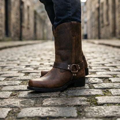 Men's Western Harness Boots with Metal Buckle Detail Vintage Cowboy Style Mid-Calf Leather for Casual Everyday Wear