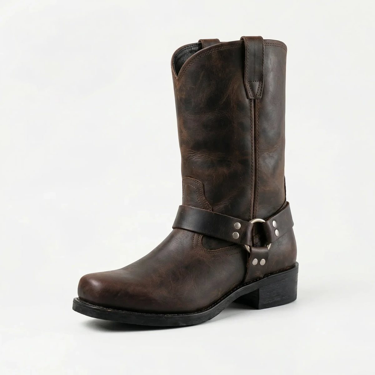 Men's Western Harness Boots with Metal Buckle Detail Vintage Cowboy Style Mid-Calf Leather for Casual Everyday Wear
