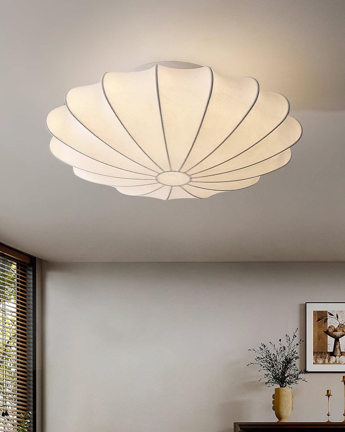 Flush Mount Pendant with Silk Shade White Metal Base for Bedroom Living Room Hallway Soft Glow E26 Socket 40W Compatible Wall or Ceiling Ins