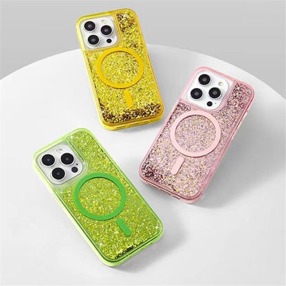 Glitter Liquid Quicksand MagSafe iPhone Case with Anti-Fingerprint TPU Shockproof Protection for iPhone 13 14 15 16 17 Pro Max Air