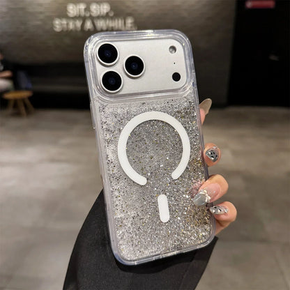 Glitter Liquid Quicksand MagSafe iPhone Case with Anti-Fingerprint TPU Shockproof Protection for iPhone 13 14 15 16 17 Pro Max Air