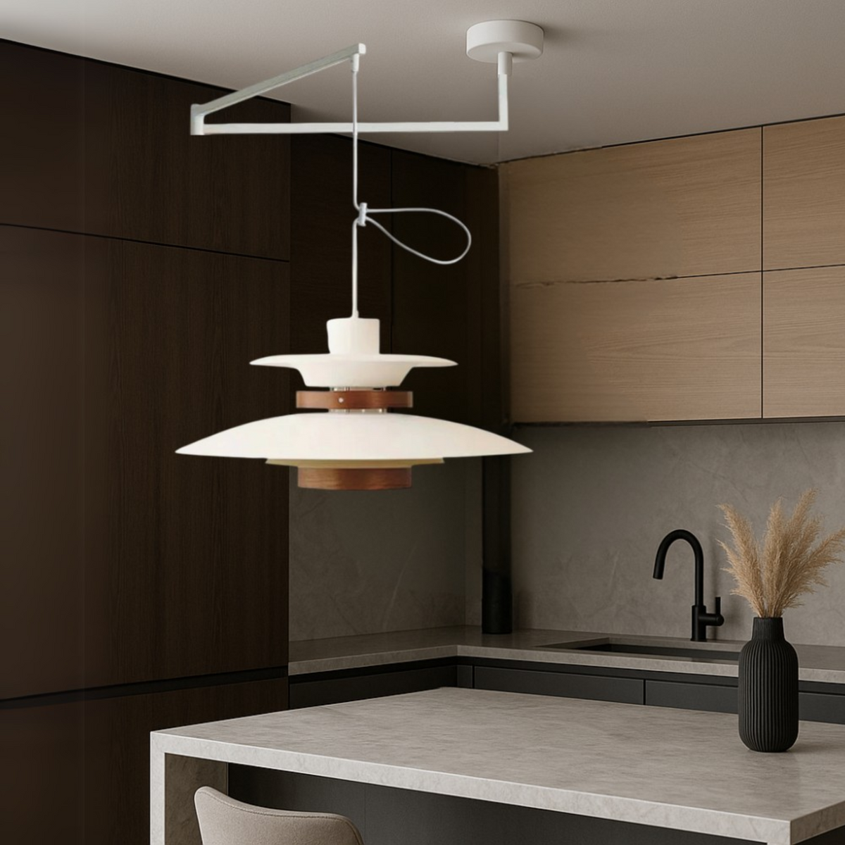Hanging Ceiling Fixture with Wood and Metal Shade 20-Inch Diameter Adjustable Height for Kitchen Island Dining Room Living Space Modern Farm