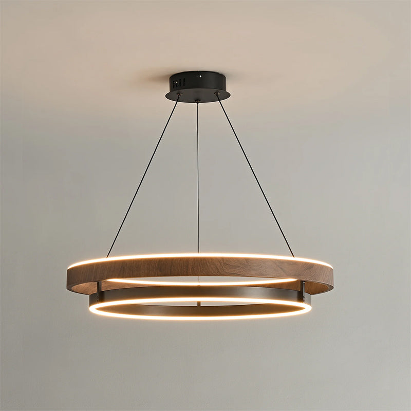 Suspended Dual-Halo LED Fixture for Dining Areas Wood-Grain Metal Ceiling Light Adjustable Height Contemporary Overhead Illumination for Kit