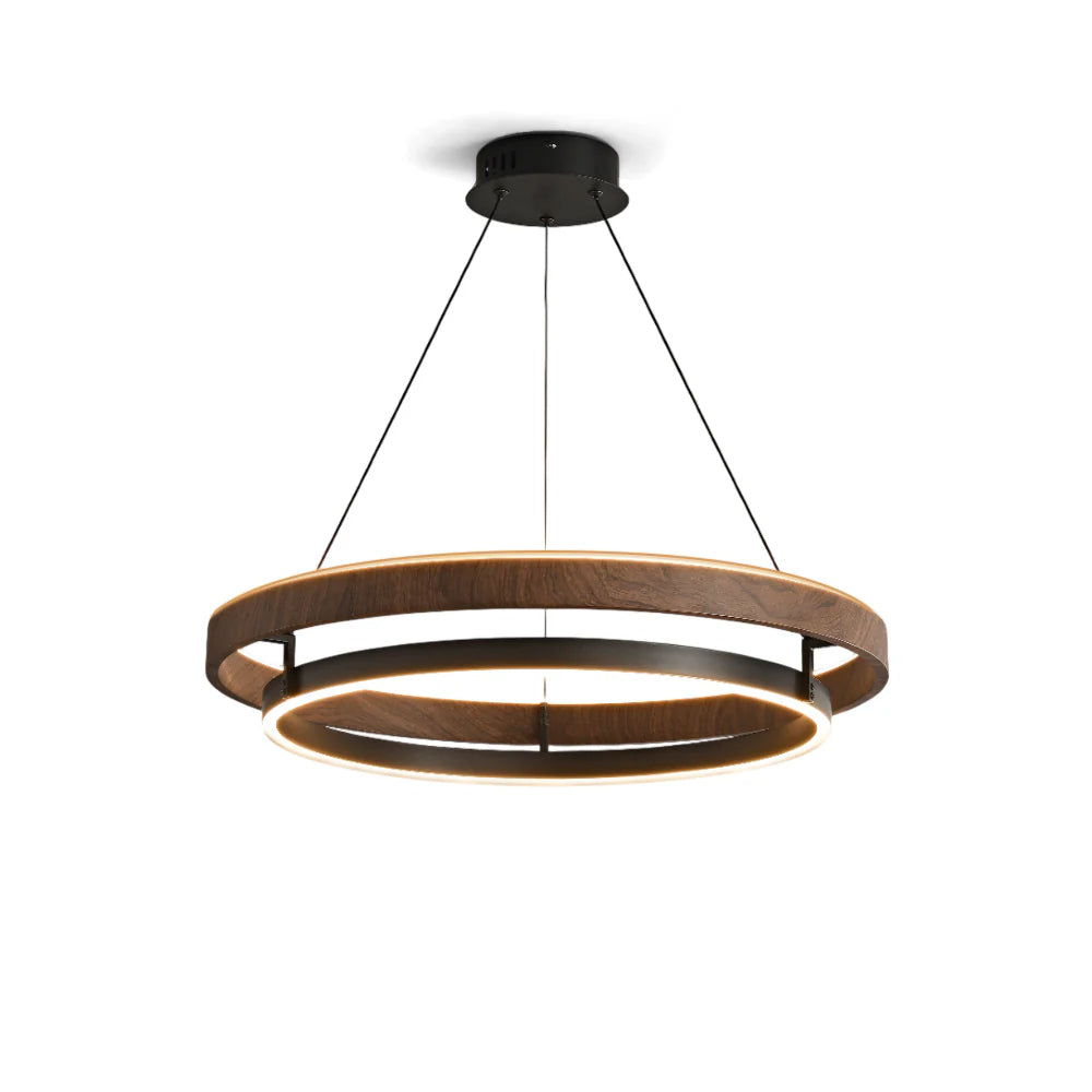 Suspended Dual-Halo LED Fixture for Dining Areas Wood-Grain Metal Ceiling Light Adjustable Height Contemporary Overhead Illumination for Kit