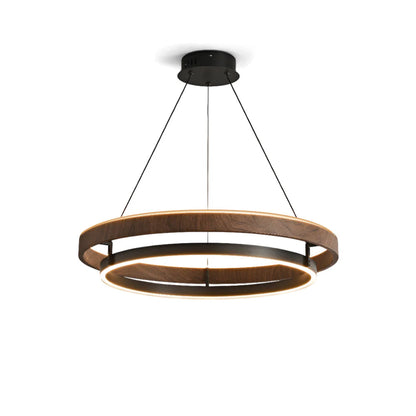 Suspended Dual-Halo LED Fixture for Dining Areas Wood-Grain Metal Ceiling Light Adjustable Height Contemporary Overhead Illumination for Kit