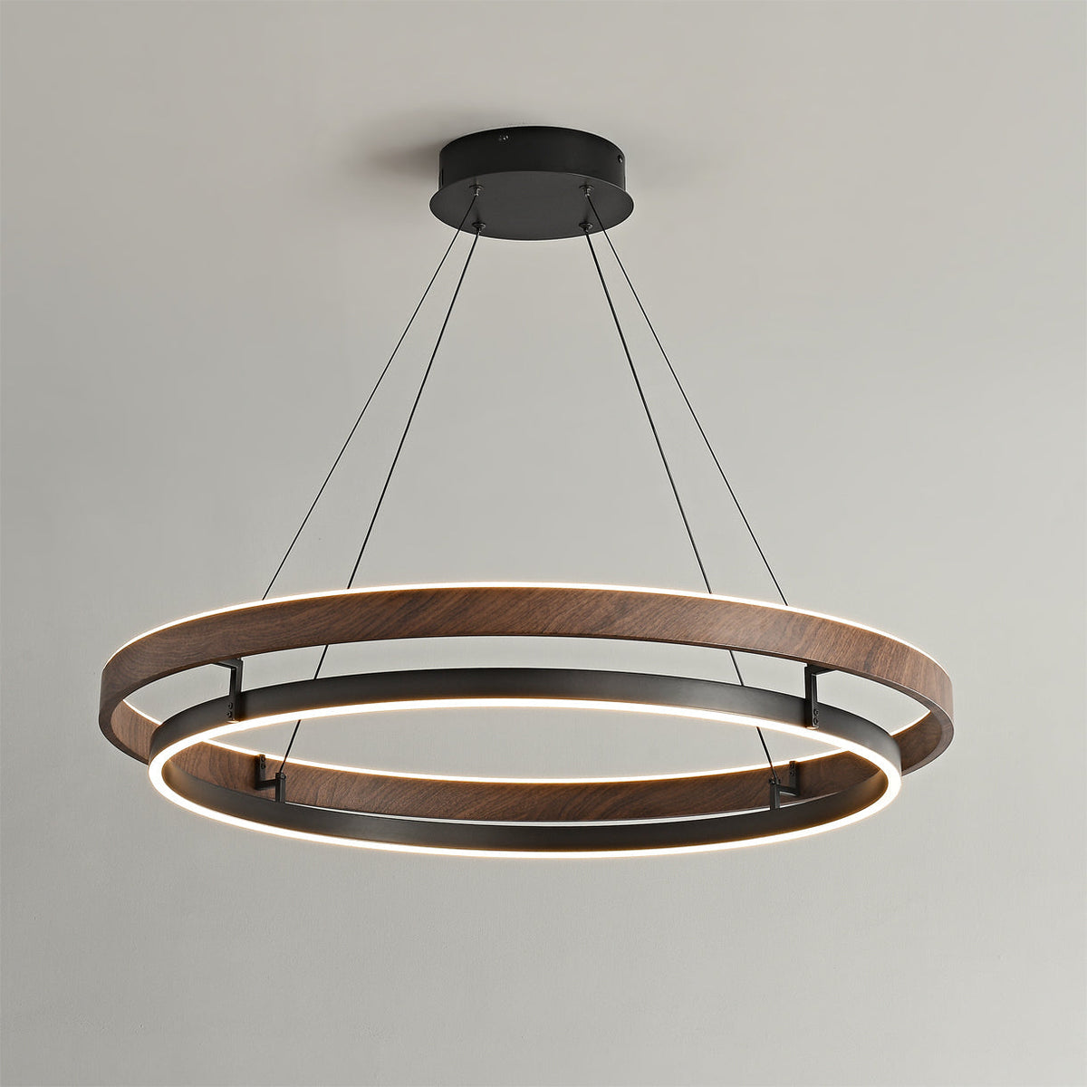 Suspended Dual-Halo LED Fixture for Dining Areas Wood-Grain Metal Ceiling Light Adjustable Height Contemporary Overhead Illumination for Kit