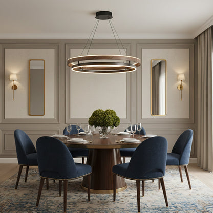 Suspended Dual-Halo LED Fixture for Dining Areas Wood-Grain Metal Ceiling Light Adjustable Height Contemporary Overhead Illumination for Kit