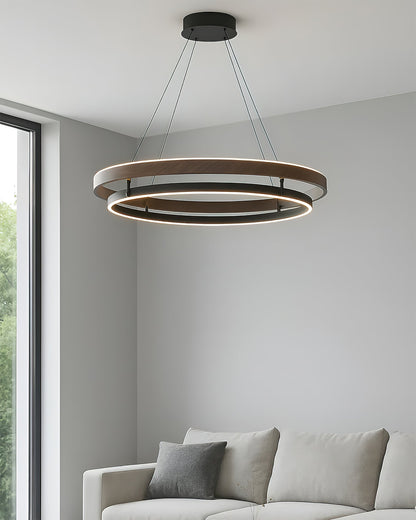 Suspended Dual-Halo LED Fixture for Dining Areas Wood-Grain Metal Ceiling Light Adjustable Height Contemporary Overhead Illumination for Kit