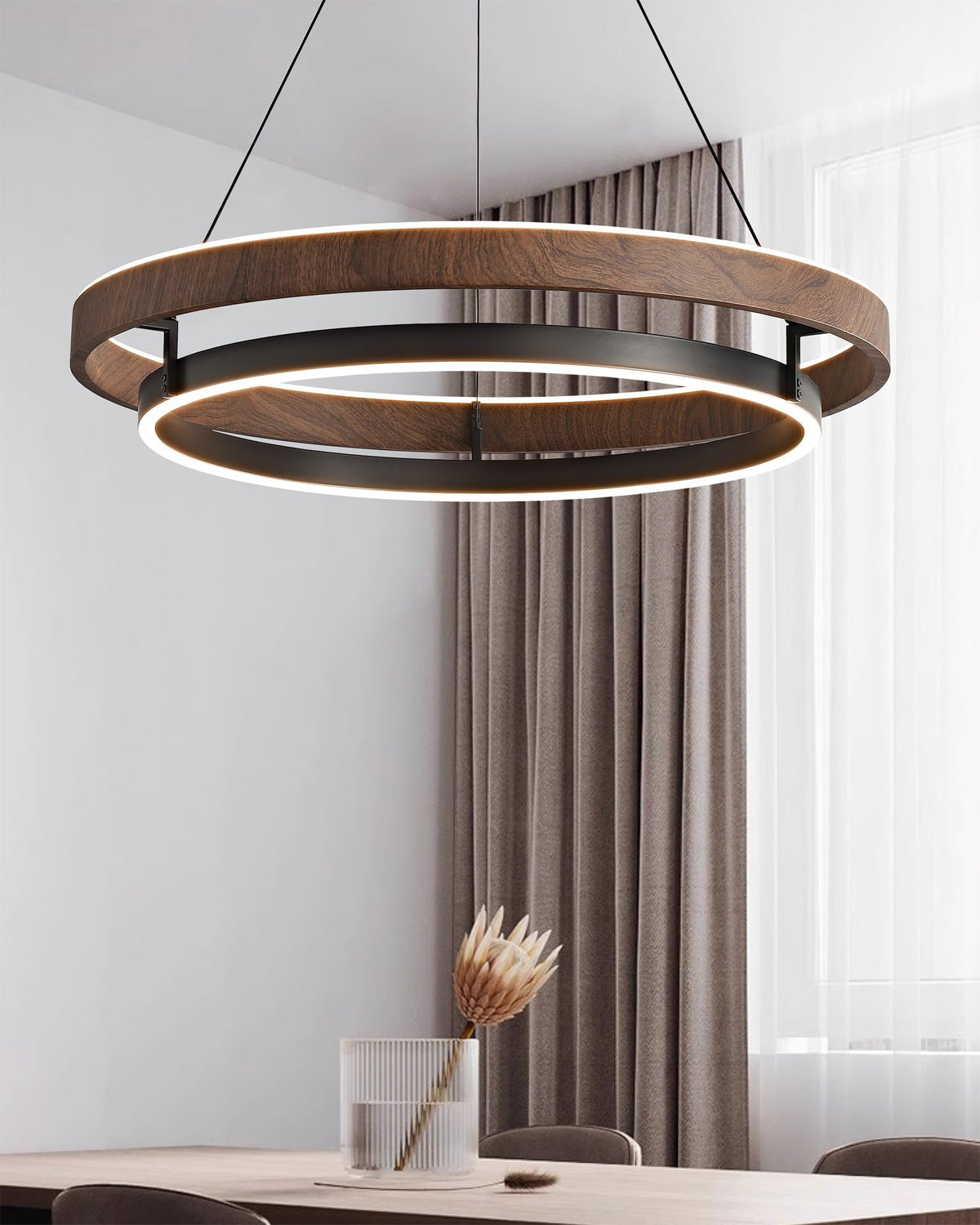 Suspended Dual-Halo LED Fixture for Dining Areas Wood-Grain Metal Ceiling Light Adjustable Height Contemporary Overhead Illumination for Kit
