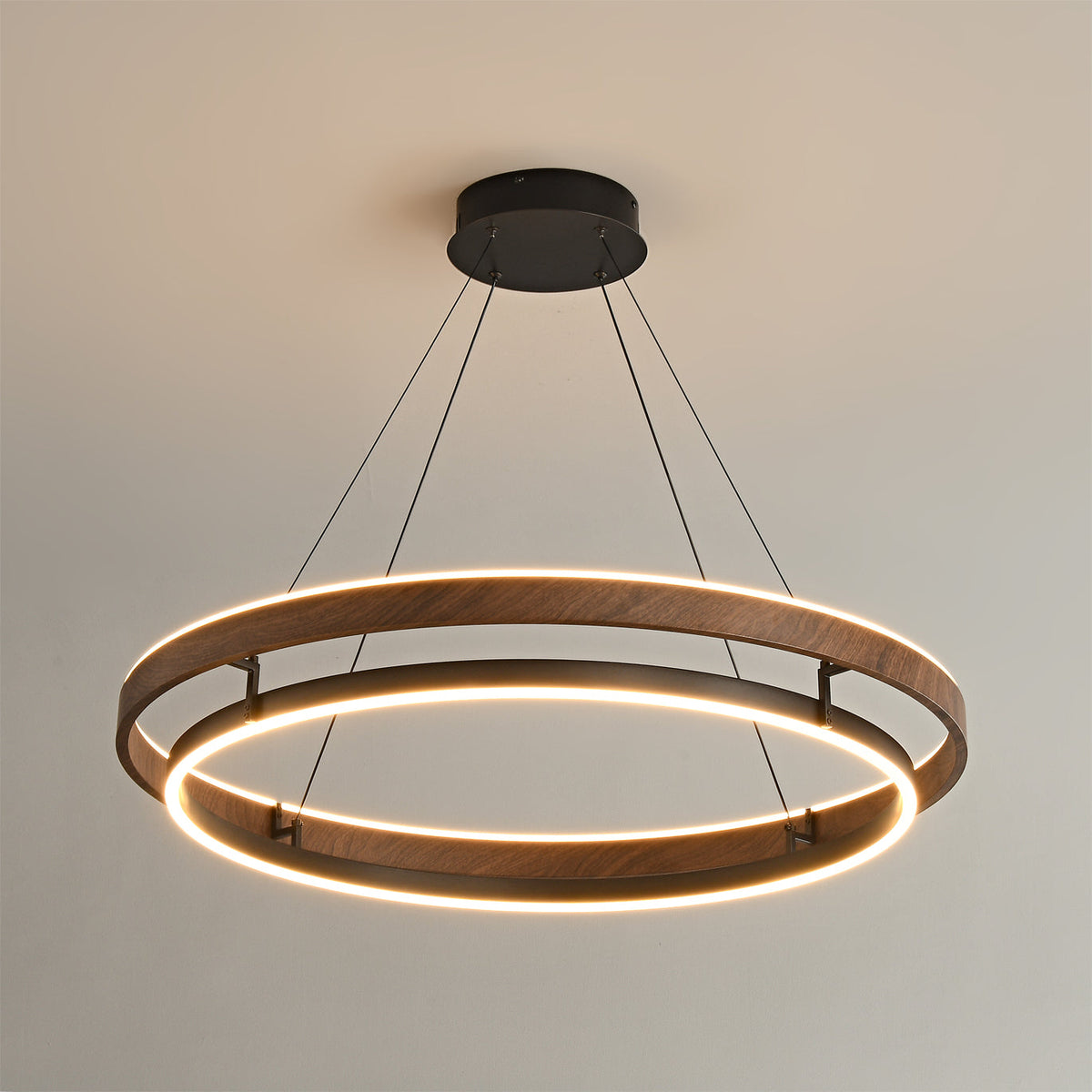 Suspended Dual-Halo LED Fixture for Dining Areas Wood-Grain Metal Ceiling Light Adjustable Height Contemporary Overhead Illumination for Kit
