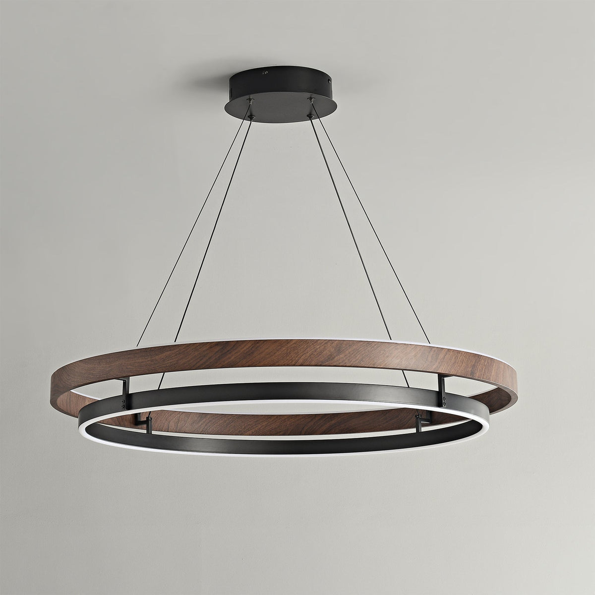 Suspended Dual-Halo LED Fixture for Dining Areas Wood-Grain Metal Ceiling Light Adjustable Height Contemporary Overhead Illumination for Kit