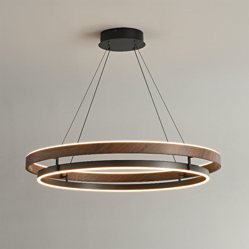 Suspended Dual-Halo LED Fixture for Dining Areas Wood-Grain Metal Ceiling Light Adjustable Height Contemporary Overhead Illumination for Kit