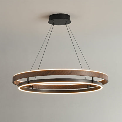 Suspended Dual-Halo LED Fixture for Dining Areas Wood-Grain Metal Ceiling Light Adjustable Height Contemporary Overhead Illumination for Kit