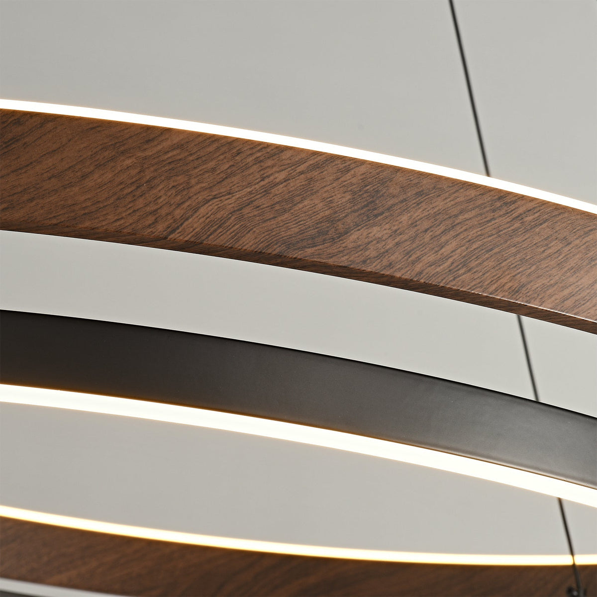 Suspended Dual-Halo LED Fixture for Dining Areas Wood-Grain Metal Ceiling Light Adjustable Height Contemporary Overhead Illumination for Kit