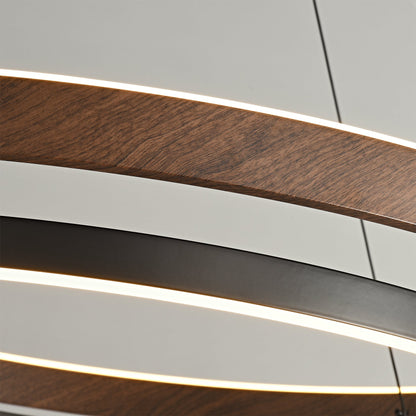 Suspended Dual-Halo LED Fixture for Dining Areas Wood-Grain Metal Ceiling Light Adjustable Height Contemporary Overhead Illumination for Kit