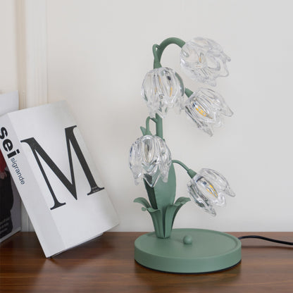 Floral Glass Shade Accent Lamp 7 Inch Green Stem Bedroom Nightstand Light Living Room Decorative Lighting Home Decor Indoor Small Bulb